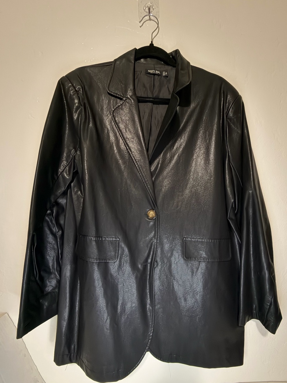 Nasty Gal Black Faux Leather Blazer with Gold Button